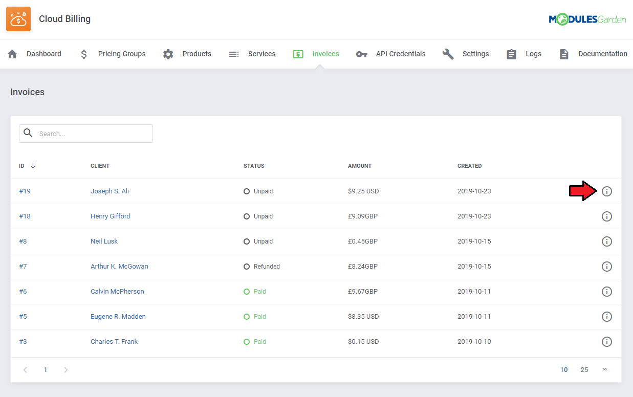 Cloud Billing For WHMCS: Invoices list with the info icon highlighted next to the first invoice