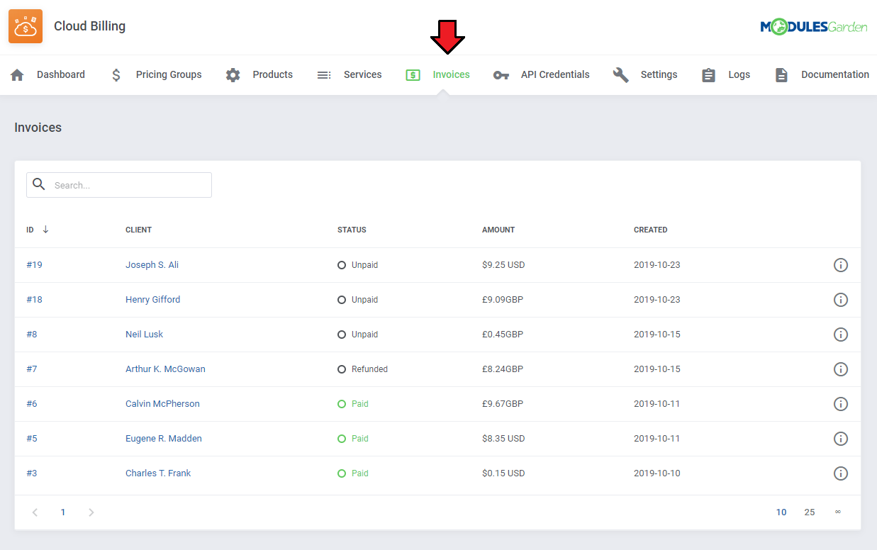 Cloud Billing For WHMCS: Invoices tab with the invoice list showing client, status, amount and creation date