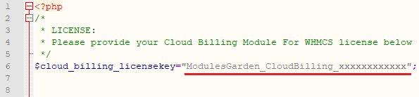 Cloud Billing For WHMCS: the license.php file open in an editor with the license key entered between quotation marks