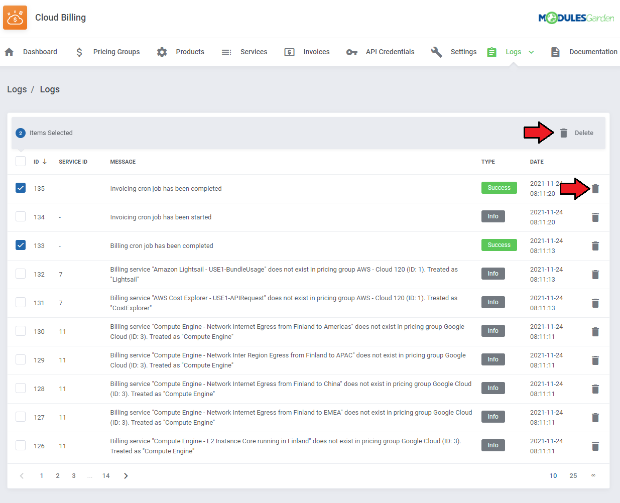Cloud Billing For WHMCS: Logs page with two entries selected and the Delete and trash icons highlighted