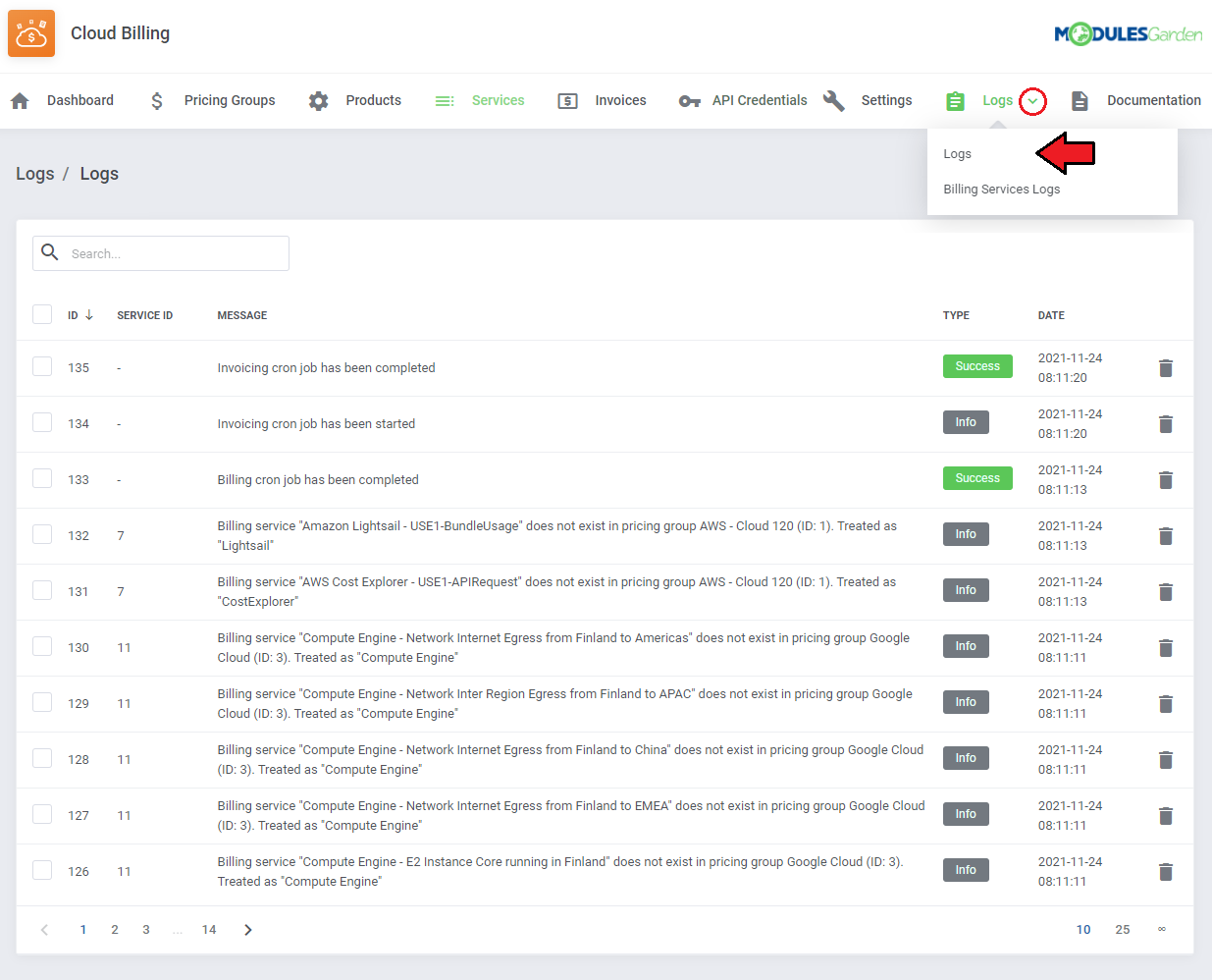 Cloud Billing For WHMCS: Logs page with the Logs submenu open and the log table with ID, service ID, message and type