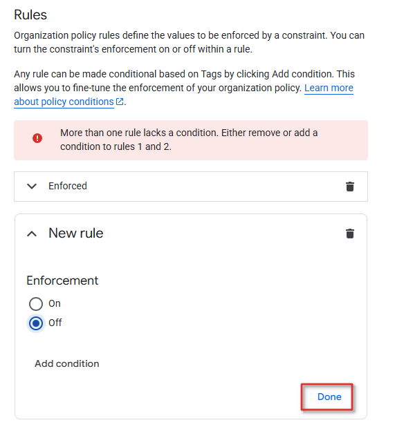 Cloud Billing For WHMCS: the Google Cloud policy Rules panel with a new rule, Enforcement set to Off and the Done button