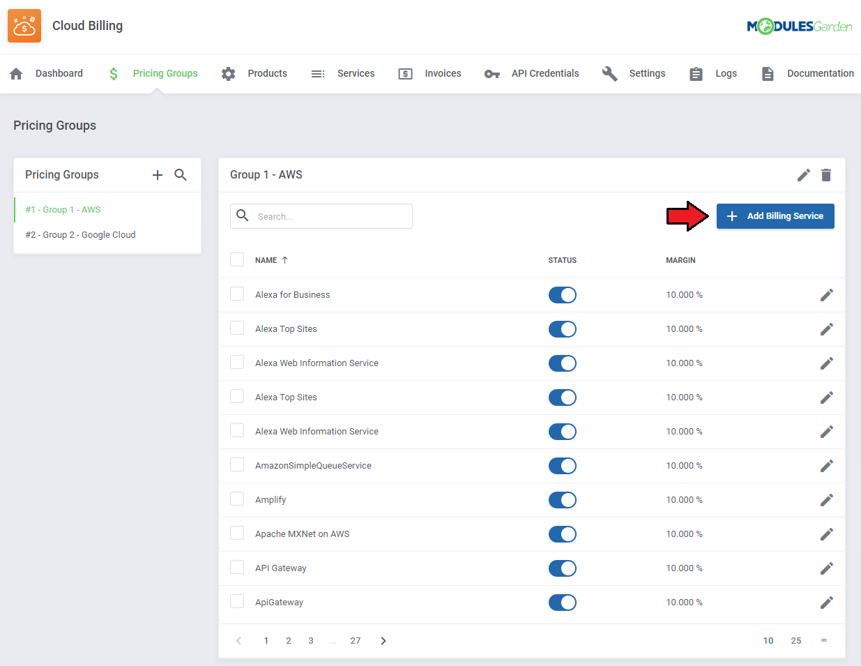 Cloud Billing For WHMCS: Pricing group AWS billing services list with the Add Billing Service button