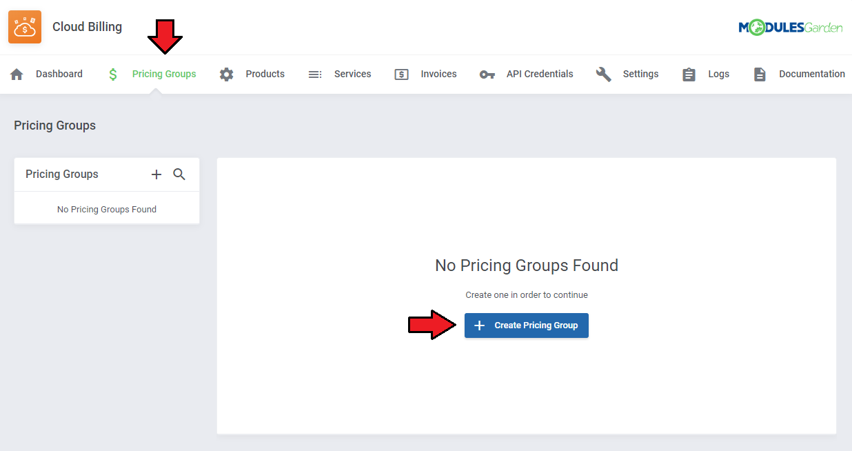 Cloud Billing For WHMCS: module Pricing Groups tab with no groups and the Create Pricing Group button