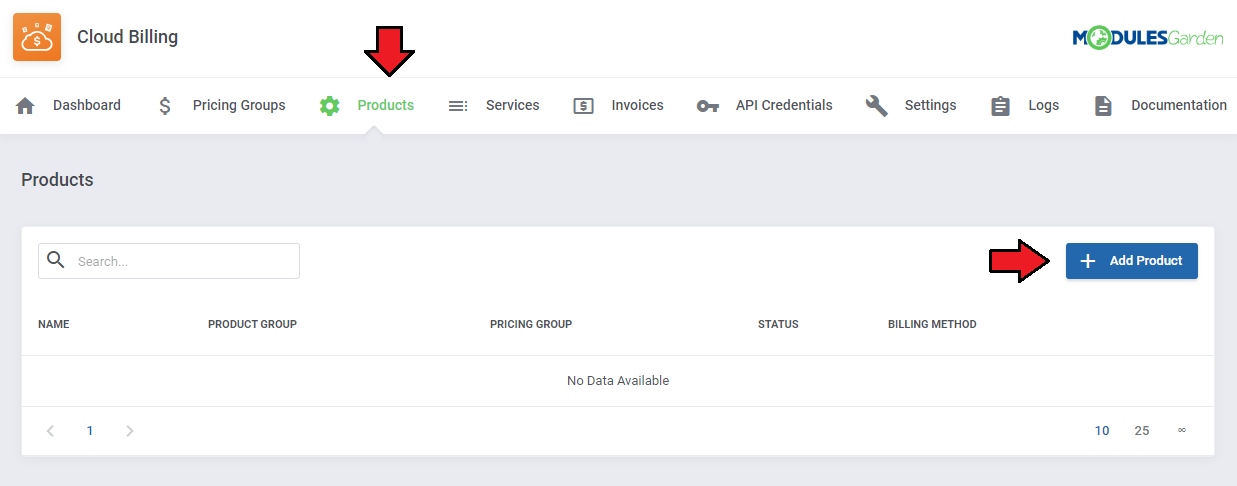 Cloud Billing For WHMCS: module Products tab with an empty list and the Add Product button