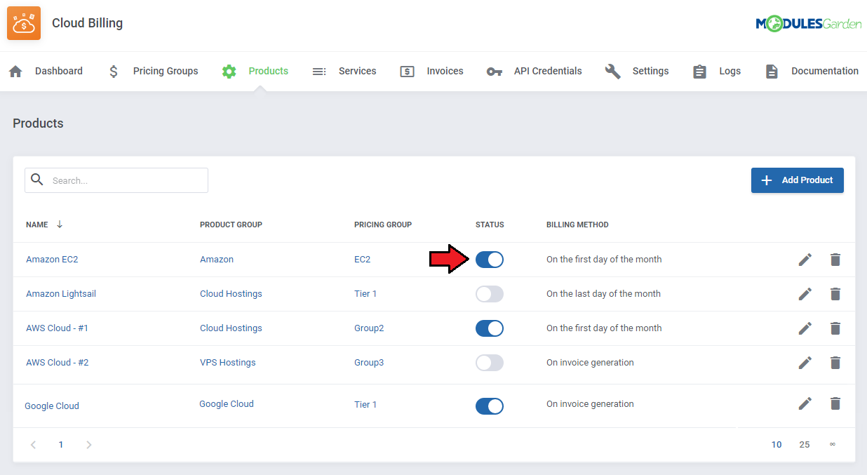 Cloud Billing For WHMCS: Products list with the status toggle highlighted to disable a product