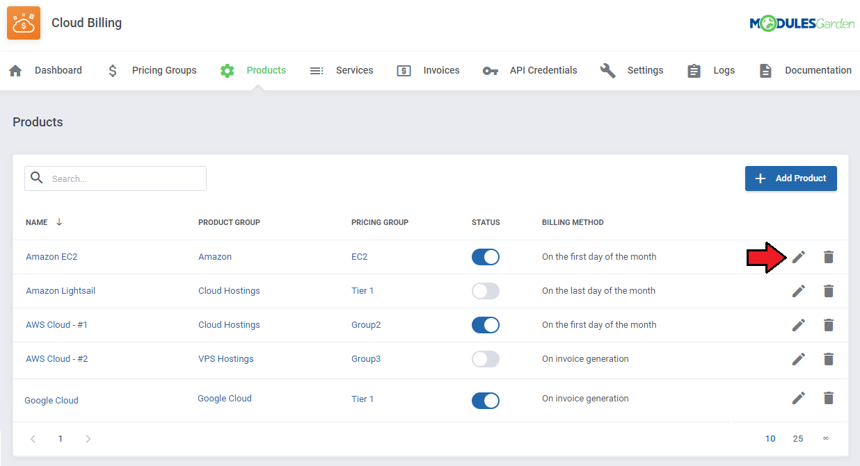 Cloud Billing For WHMCS: Products list with the edit icon highlighted for the first product