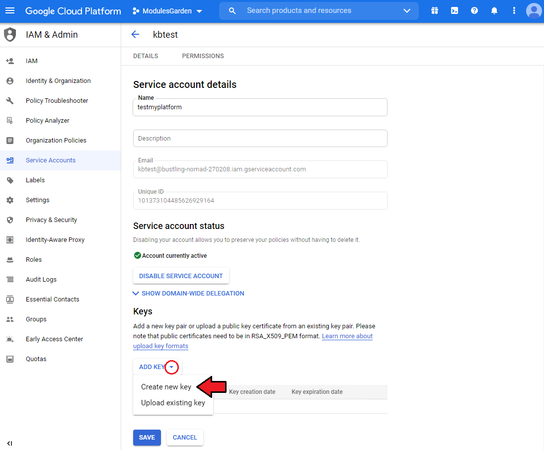 Cloud Billing For WHMCS: the Google Cloud service account details page with the Add key menu and the Create new key