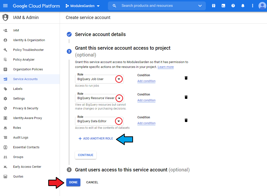 Cloud Billing For WHMCS: Google Cloud service account access step with BigQuery Job User, Resource Viewer, Data Editor