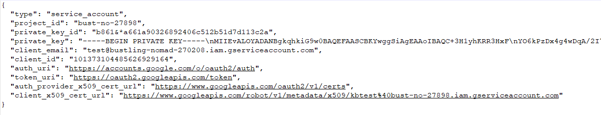 Cloud Billing For WHMCS: an example service account JSON key file with project ID, private key and client email fields