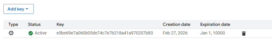 Cloud Billing For WHMCS: the Google Cloud service account Keys list with a newly created active key
