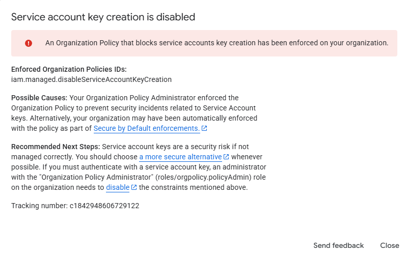 Cloud Billing For WHMCS: the Google Cloud dialog saying service account key creation is disabled by an organization