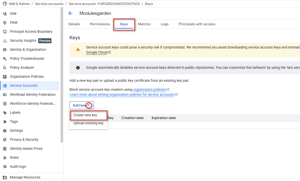 Cloud Billing For WHMCS: the Google Cloud service account Keys tab with the Add key menu and Create new key option