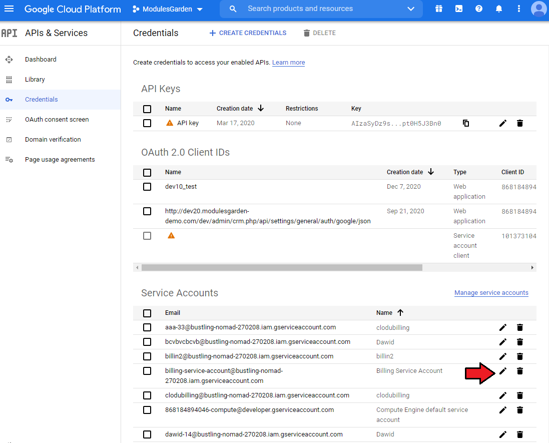 Cloud Billing For WHMCS: the Google Cloud Credentials page with the Service Accounts list and an edit icon highlighted