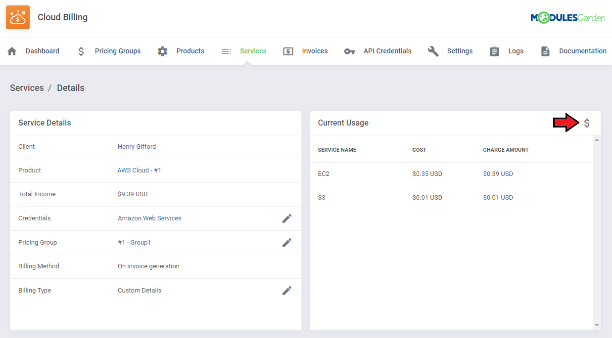 Cloud Billing For WHMCS: Service details page with the invoice generation dollar icon in the Current Usage box