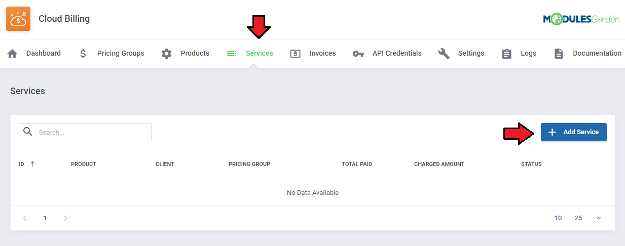 Cloud Billing For WHMCS: module Services tab with an empty list and the Add Service button