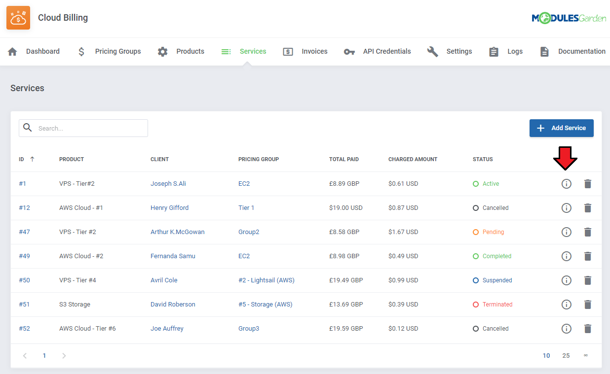 Cloud Billing For WHMCS: Services list with the details info icon highlighted