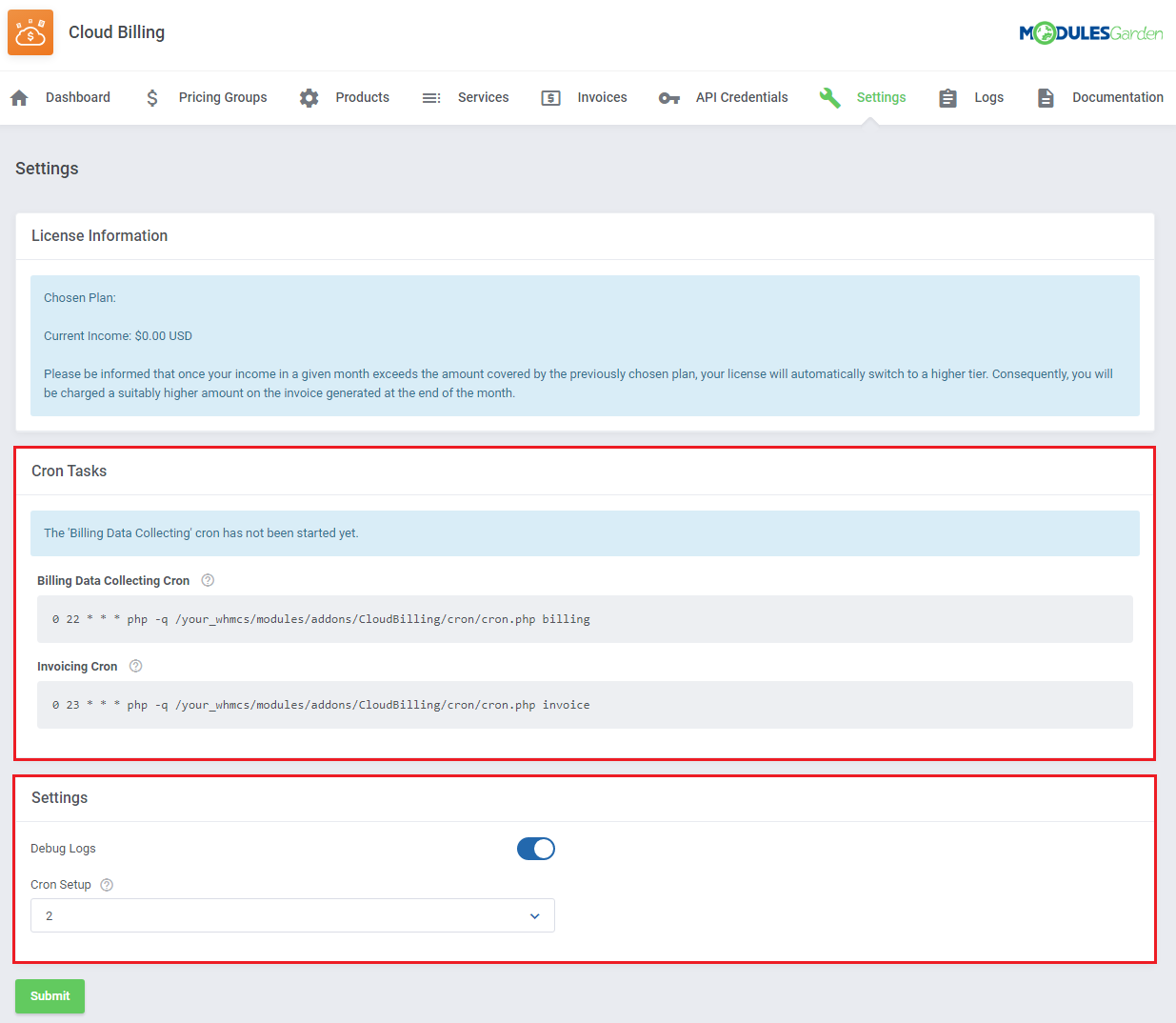 Cloud Billing For WHMCS: module Settings tab with the Cron Tasks commands and the Debug Logs and Cron Setup options