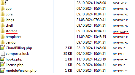 Cloud Billing For WHMCS: the CloudBilling folder in a file manager with the storage folder permissions set to writable