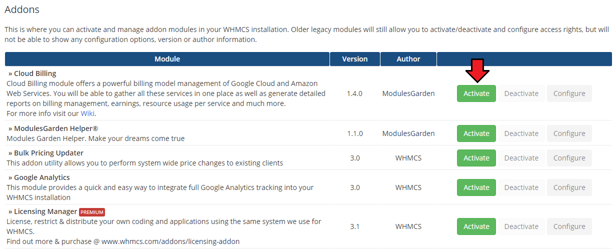 Cloud Billing For WHMCS: the WHMCS Addon Modules list with the Activate button next to Cloud Billing