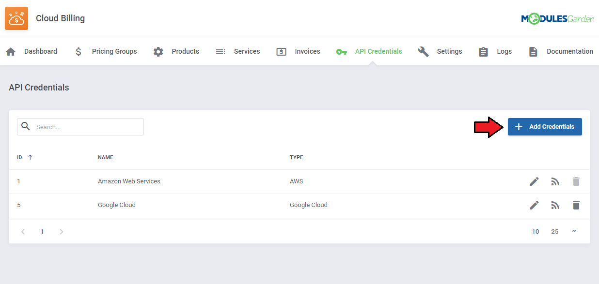 Cloud Billing For WHMCS: the module API Credentials list with AWS and Google Cloud entries and the Add Credentials