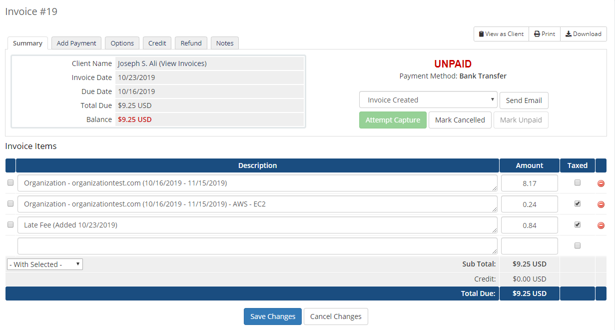 Cloud Billing For WHMCS: WHMCS admin invoice page with invoice items, amounts and payment status