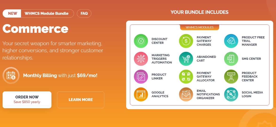 Commerce WHMCS Module Bundle: the bundle banner listing included modules such as Discount Center and Abandoned Cart