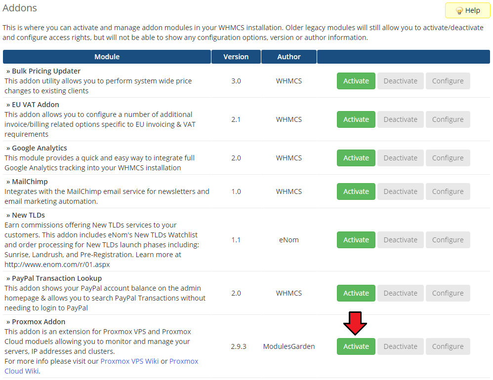 Proxmox VPS 2.X For WHMCS: WHMCS admin Addon Modules list with the Activate button next to Proxmox Addon