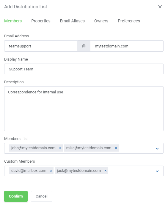 Zimbra Email For WHMCS: Add Distribution List window, Members tab with address, name and member fields