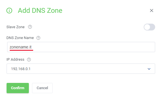 DNS Manager For WHMCS: Add DNS Zone form with the Slave Zone switch, zone name and IP address list