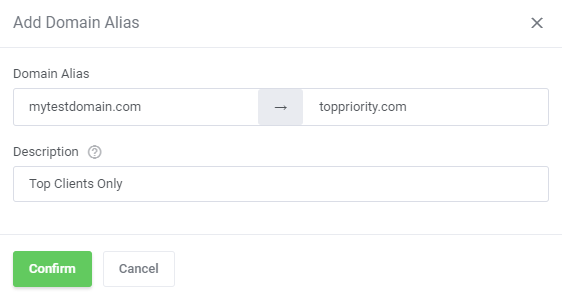 Zimbra Email For WHMCS: Add Domain Alias window with the domain alias, target domain and description fields