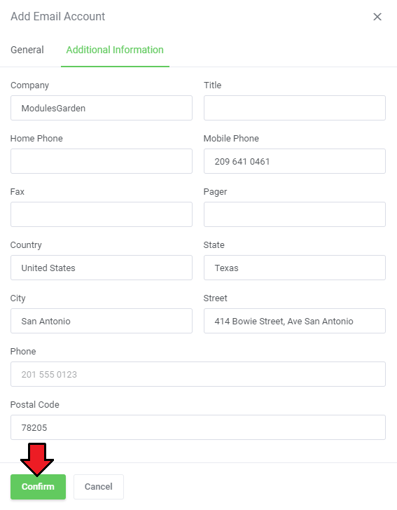 Zimbra Email For WHMCS: Add Email Account window, General tab with name, username, status and password