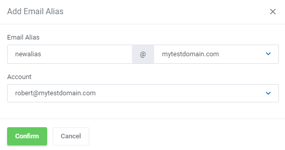 Zimbra Email For WHMCS: Add Email Alias window with the alias name, domain dropdown and account selection