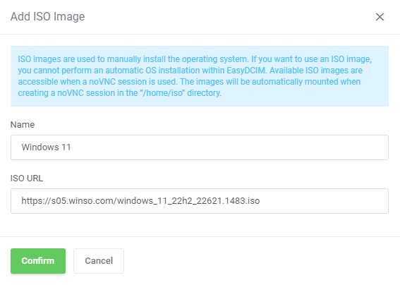 EasyDCIM Dedicated Servers For WHMCS: Add ISO Image dialog in the client area with Name and ISO URL fields