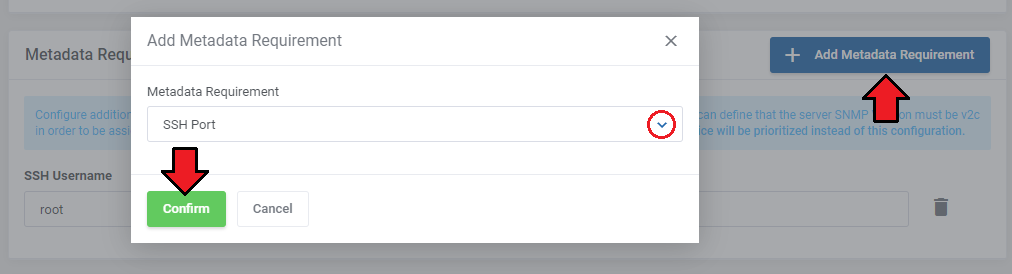 EasyDCIM Dedicated Servers For WHMCS: Add Metadata Requirement dialog with the metadata list and Confirm button
