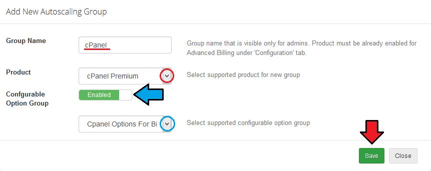 Advanced Billing 3.X For WHMCS: Add New Autoscaling Group form with group name, product and option group fields