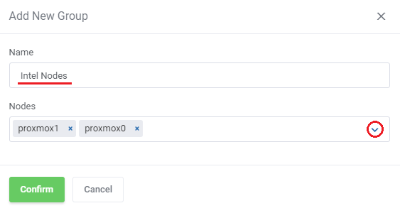 Proxmox VE Cloud VPS For WHMCS: Add New Group dialog with the group name field and the Nodes dropdown
