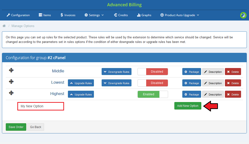 Advanced Billing 3.X For WHMCS: Manage Options page with a new option name typed and the Add New Option button