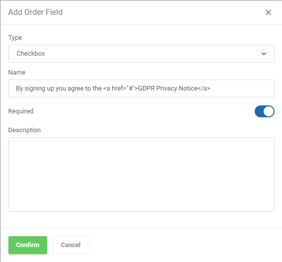 Lagom One Step Order Form For WHMCS 1.2.X: Add Order Field window with checkbox type, name, required switch and
