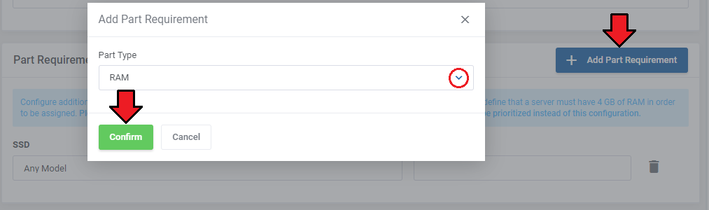 EasyDCIM Dedicated Servers For WHMCS: Add Part Requirement dialog with the part type list and Confirm button