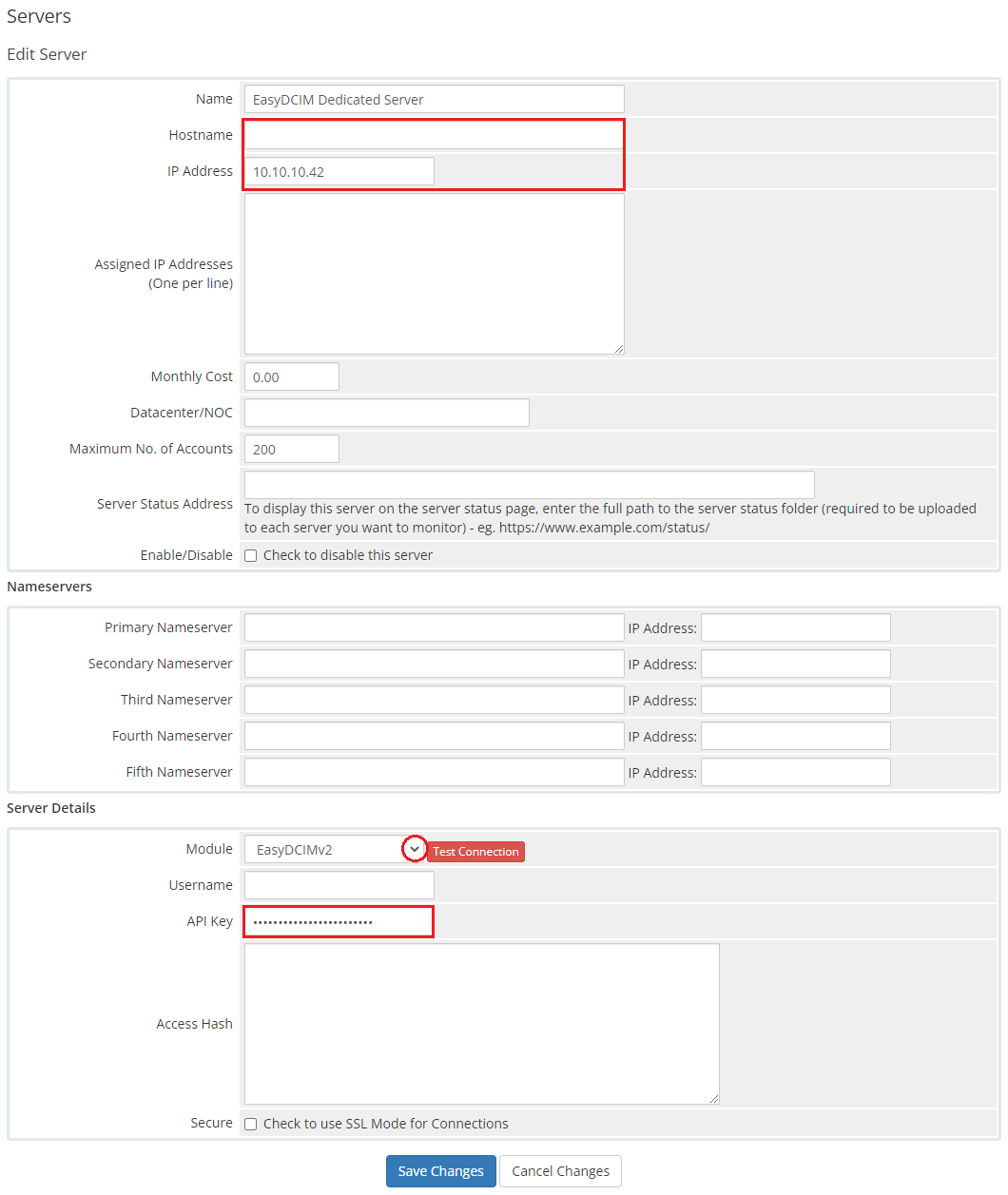 EasyDCIM Dedicated Servers For WHMCS: Edit Server form with the EasyDCIMv2 module selected and the API Key field