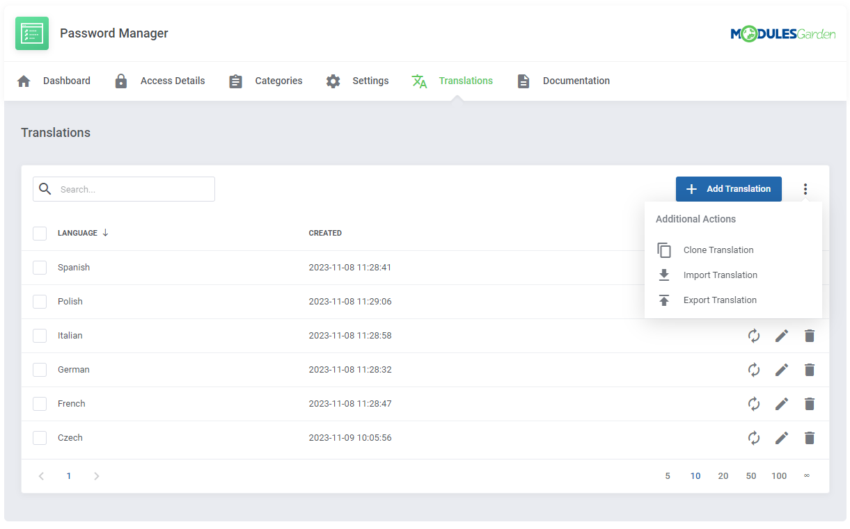 Translations Tool: Additional Actions menu with Clone, Import and Export Translation options