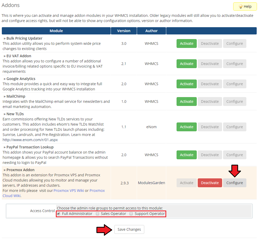 Proxmox VPS 2.X For WHMCS: WHMCS Addon Modules with Configure button and Full Administrator access ticked