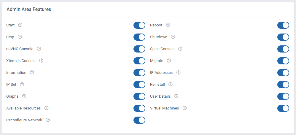 Proxmox VE Cloud VPS For WHMCS: Addon Admin Area Features settings with toggles for start, stop, consoles, migrate and