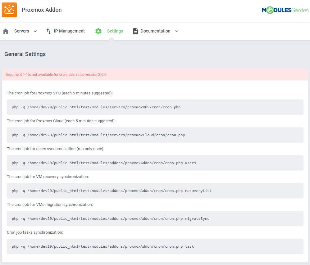 Proxmox VPS 2.X For WHMCS: Proxmox Addon General Settings page listing the cron job commands to set up