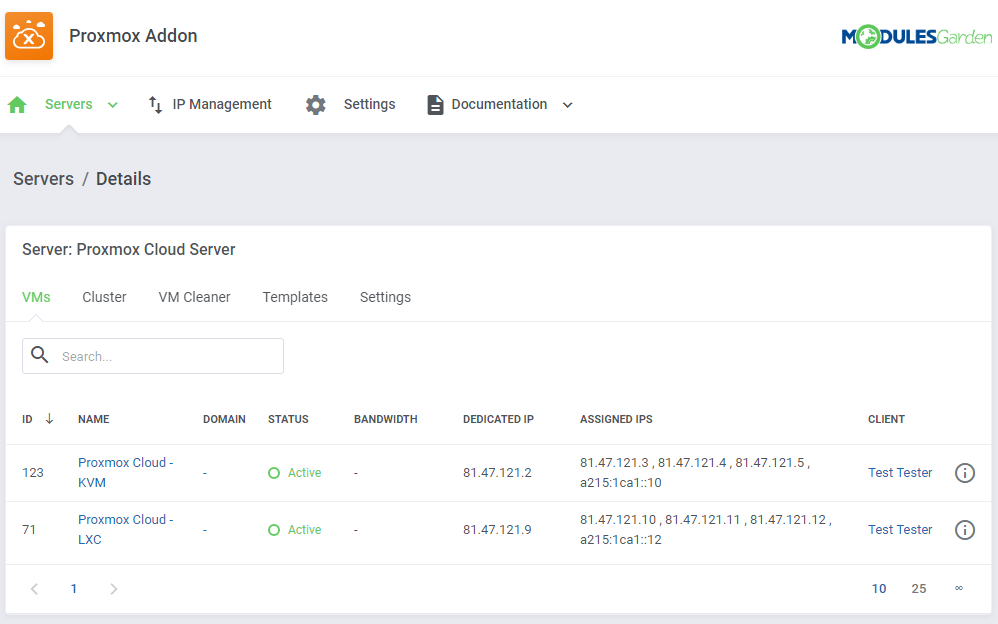 Proxmox VPS 2.X For WHMCS: Proxmox Addon server details with the VMs tab listing virtual machines and IPs