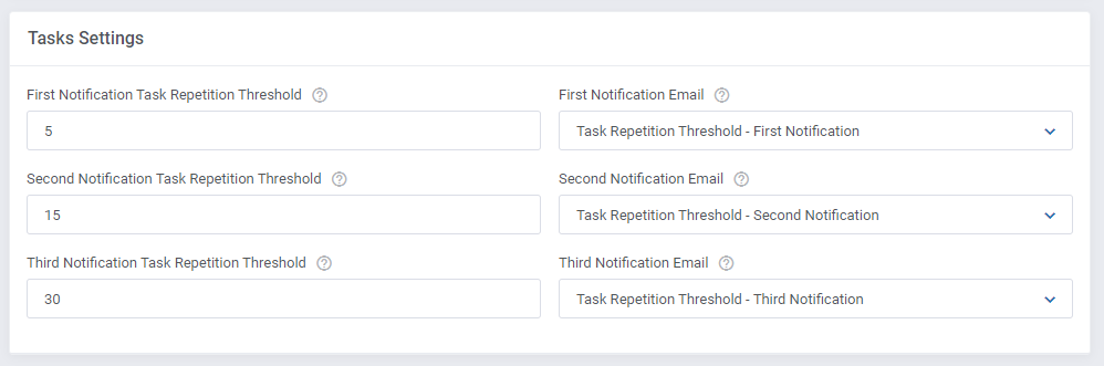 Proxmox VE Cloud VPS For WHMCS: Addon Tasks Settings with three notification thresholds and email template dropdowns