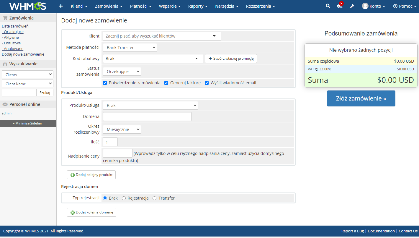 Polska Wersja Jezykowa WHMCS: WHMCS admin area Add New Order page shown in Polish