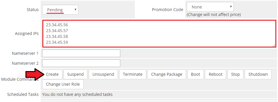 Proxmox VE VPS And Cloud For WHMCS: WHMCS admin Assigned IPs field, Pending status and the Create button