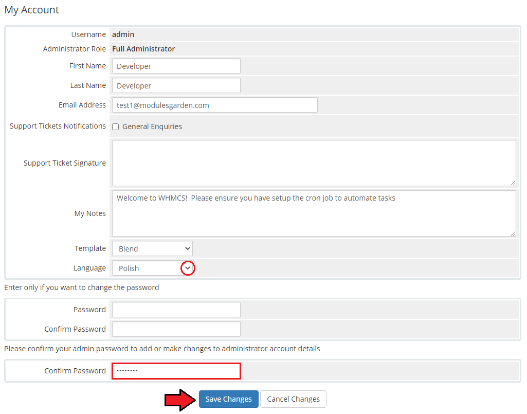 Polska Wersja Jezykowa WHMCS: WHMCS My Account page with the Polish language selected and the Save Changes button